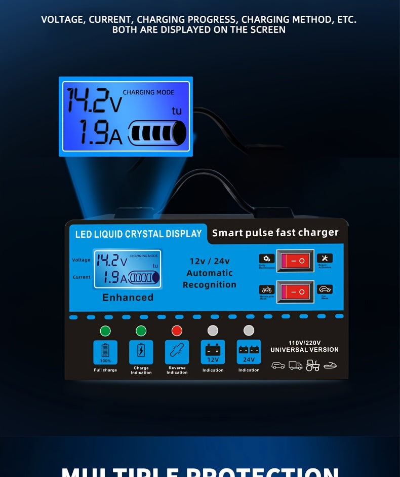 12V 24V Smart Battery Charger with LCD Display – Intelligent Trickle Charging, Overcharge & Short Circuit Protection, Universal Fit for Car, Truck, Motorcycle, Yacht & RV Batteries, Automatic Battery Maintainer & Conditioner