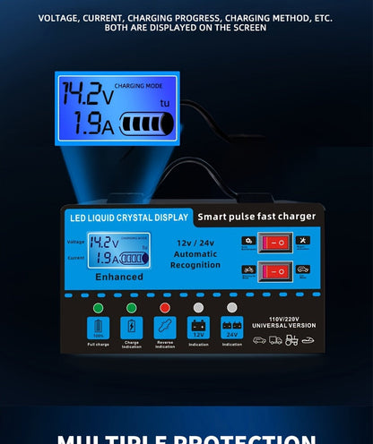 12V 24V Smart Battery Charger with LCD Display – Intelligent Trickle Charging, Overcharge & Short Circuit Protection, Universal Fit for Car, Truck, Motorcycle, Yacht & RV Batteries, Automatic Battery Maintainer & Conditioner