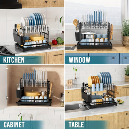 2-Tier Dish Drying Rack with Drainboard for Kitchen Counter – Large Capacity Metal Dish Drainer with Drain Tray, Organizer for Plates, Cups & Utensils, Available in Black, White & Gray