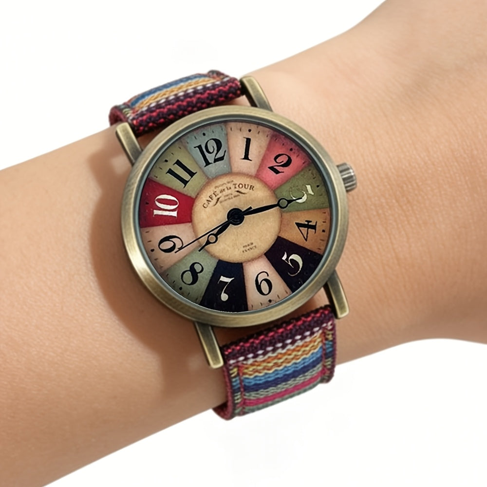 Colorful Bohemian Women’s Quartz Watch – Striped Band Analog Wristwatch with Stainless Steel Case, Shock Resistant, Fun Boho Style for Daily Wear & Gifts