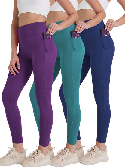 Women's High Waist Compression Leggings 3-Pack with Pockets 230g Breathable Tights for Yoga Fitness Sports Daily Wear – All Seasons Multi-Color Shapewear S-XXL