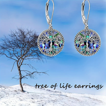 925 Sterling Silver Tree of Life Abalone Shell Dangle Drop Earrings for Women – Boho Spiritual Jewelry Gift Set