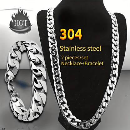 Men's Stainless Steel Hip-Hop Punk Necklace & Bracelet Set 2pcs – Matching Couple Chain Jewelry, Streetwear Accessories, Available in 18–30 Inch, Bold Fashion Statement for Men & Women