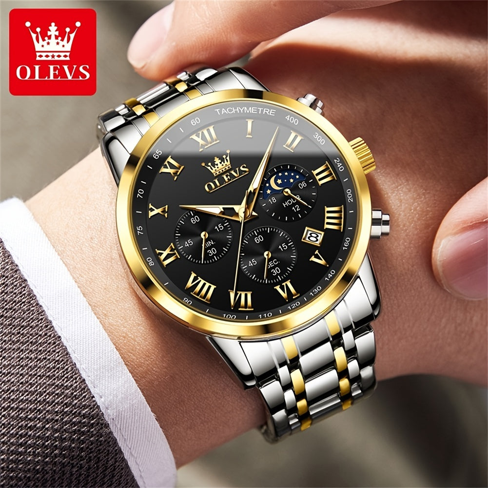 OLEVS Men's Luxury Stainless Steel Watch – Chronograph, Roman Numerals, Moon Phase Display, Luminous Analog Quartz Dress Watch for Men, 8 Color Options, Perfect Business & Gift Watch