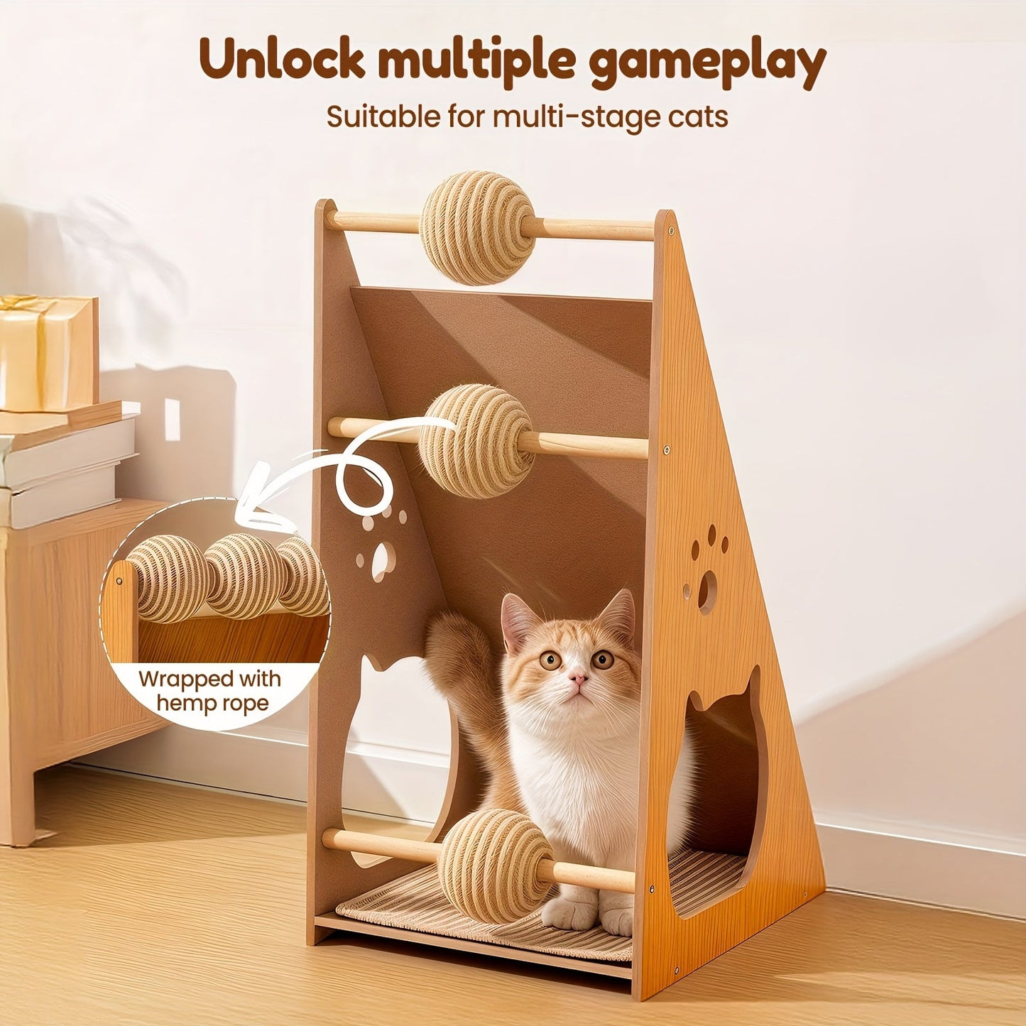 27 Inch Sisal Cat Scratching Board – Multi-Functional Wear-Resistant Cat Paw Pad Furniture Protector with 3 Teaser Balls, Easy Install, Indoor Cat Scratching Pad