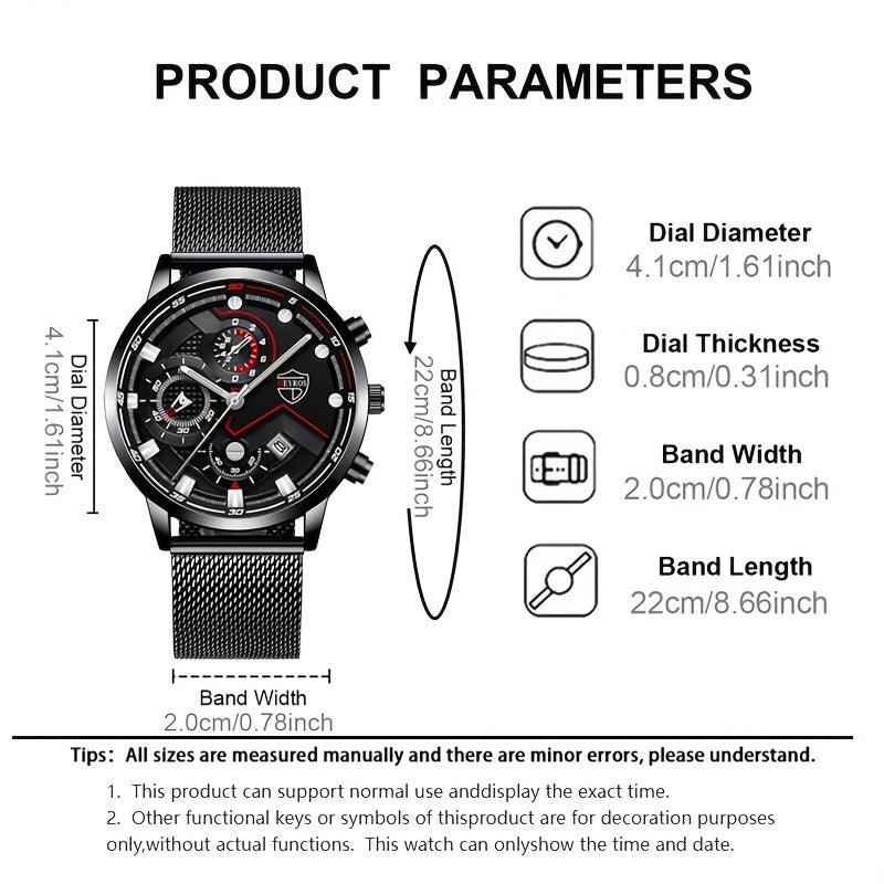 4pcs Men's Stainless Steel Watch & Jewelry Gift Set – Quartz Analog Date Watch with Cross Necklace & Bracelet, Coordinated Metallic Look for Business Casual, Valentine's Day, Mardi Gras & Special Events