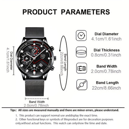 4pcs Men's Stainless Steel Watch & Jewelry Gift Set – Quartz Analog Date Watch with Cross Necklace & Bracelet, Coordinated Metallic Look for Business Casual, Valentine's Day, Mardi Gras & Special Events