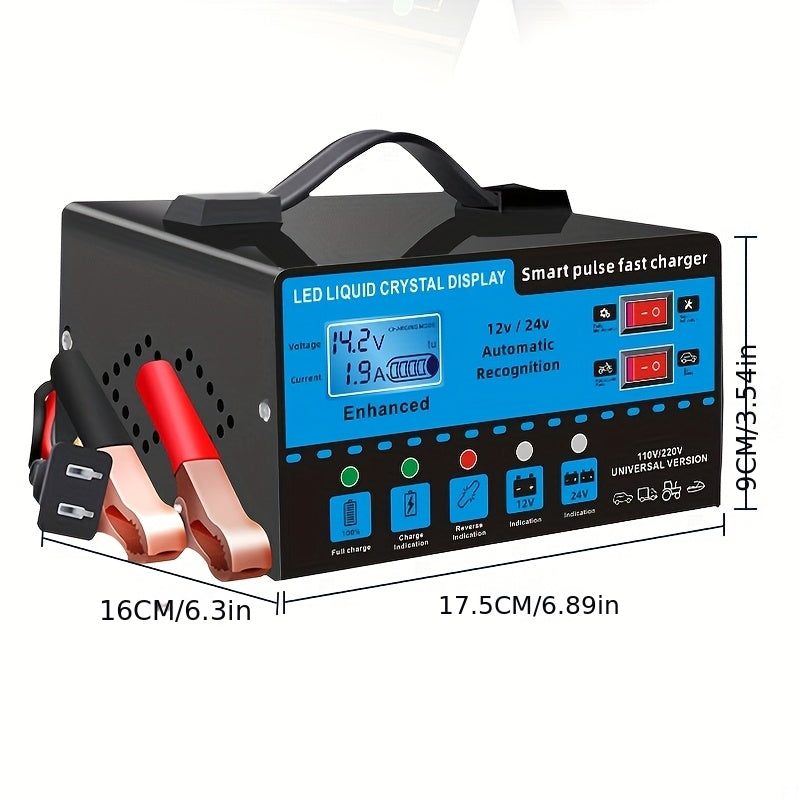 12V 24V Smart Battery Charger with LCD Display – Intelligent Trickle Charging, Overcharge & Short Circuit Protection, Universal Fit for Car, Truck, Motorcycle, Yacht & RV Batteries, Automatic Battery Maintainer & Conditioner