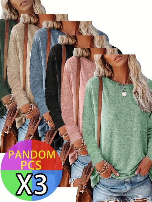 Women's Long Sleeve T-Shirt 3 Pack Set Soft Casual Basic Layering Tops with Chest Pocket & Split Hem – Warm Comfortable Tees for Women S M L XL XXL Fall Winter