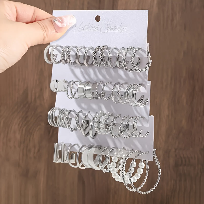 48 Piece Women's Hoop Earrings Set, Elegant Geometric & Heart Design with Faux Pearl Accents & Stainless Steel Studs for Daily Wear, Parties & Gifts