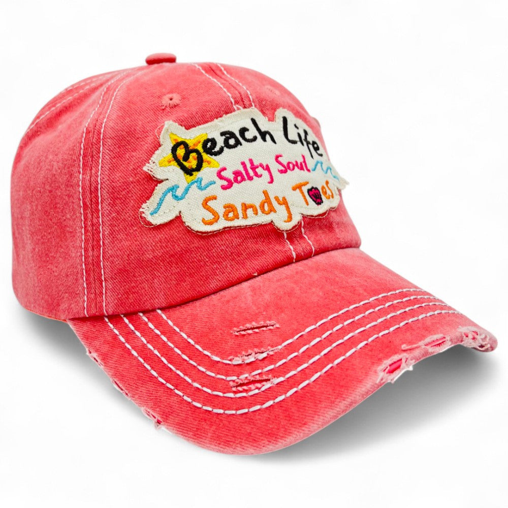 Beach Life Salty Soul Sandy Toes Vintage Distressed Embroidered Baseball Cap – Local Artist Design, 100% Cotton UV Protection Adjustable Coastal Sun Hat, Beach Lover Gift