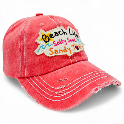 Beach Life Salty Soul Sandy Toes Vintage Distressed Embroidered Baseball Cap – Local Artist Design, 100% Cotton UV Protection Adjustable Coastal Sun Hat, Beach Lover Gift