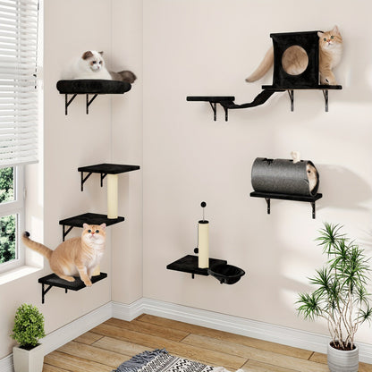 Wall Mounted Cat Climbing Shelf Set 7-Piece – Deluxe Indoor Cat Furniture with Condo, Shelves, Scratching Post, Bridge Ladder & Tunnel for All Cat Sizes
