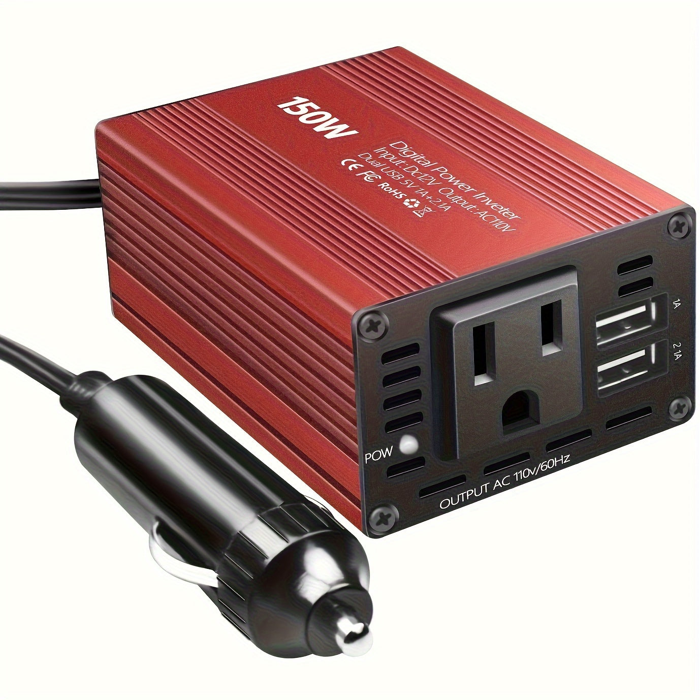 150W Car Power Inverter 12V DC to 110V AC Converter with Dual USB 3.1A Ports – Vehicle Adapter Plug for Laptop, Phone, Tablet, Road Trip Essentials