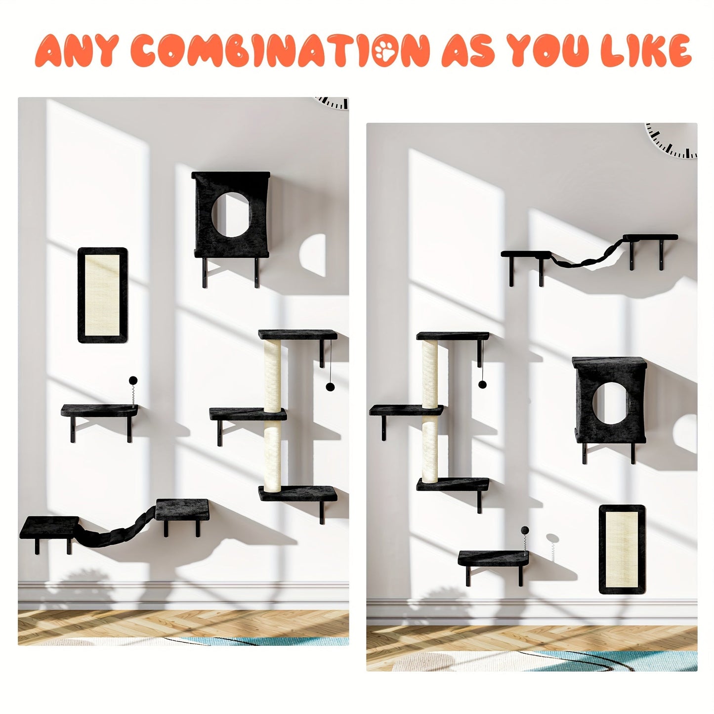 Cat Wall Shelves 5-Piece Set - Wall-Mounted Floating Cat Perch, Climber & Bridge, Modern Cat Furniture for Indoor Cats, Cat Tree Alternative with Cat Bed Platform, Space-Saving Cat House