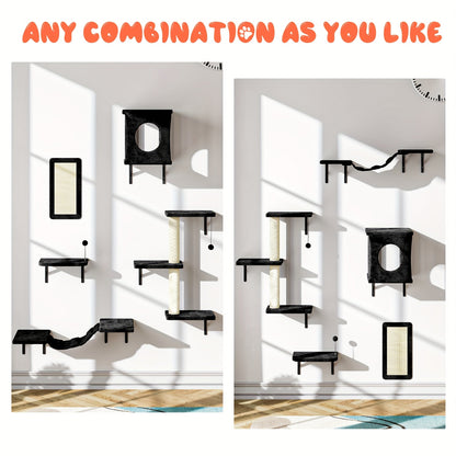 Cat Wall Shelves 5-Piece Set - Wall-Mounted Floating Cat Perch, Climber & Bridge, Modern Cat Furniture for Indoor Cats, Cat Tree Alternative with Cat Bed Platform, Space-Saving Cat House