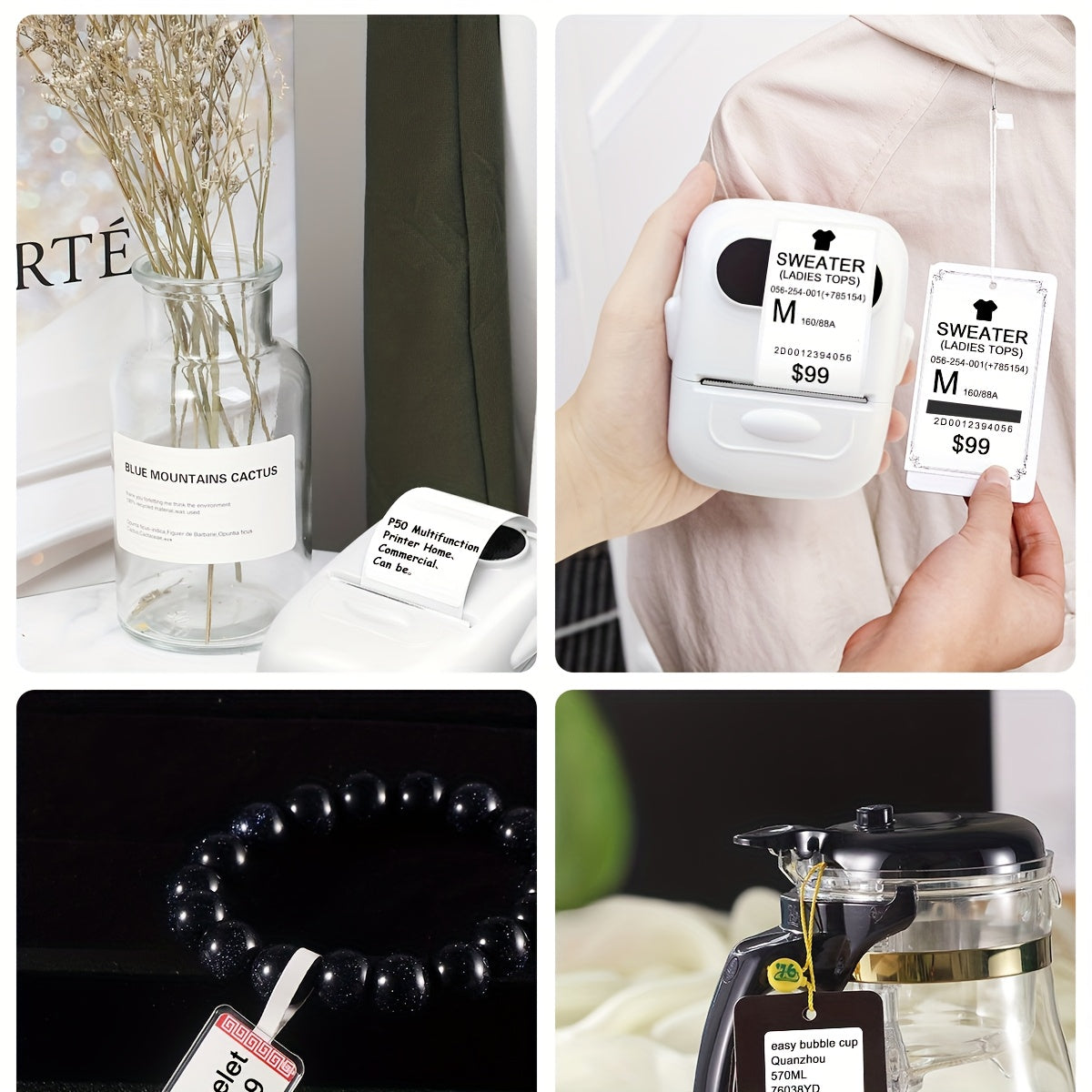 P50 Portable Bluetooth Thermal Label Printer – Wireless Mini Label Maker for Home, Office, Retail, Clothing, Jewelry & Food, Compatible with Android & iOS, Includes 40x30mm White Label Roll