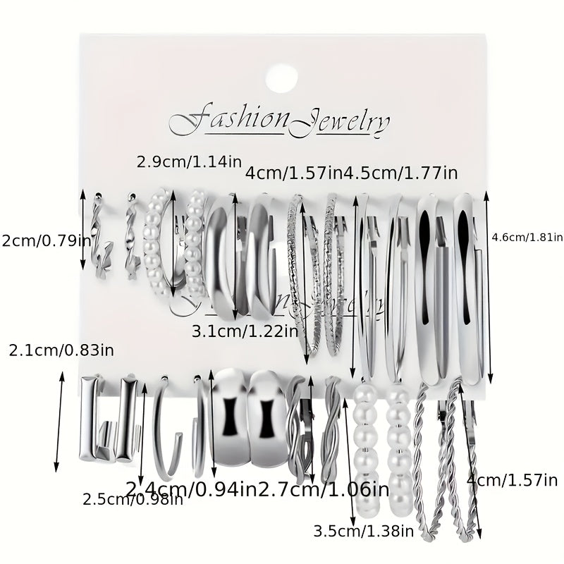 24 Pairs Fashion Alloy Earrings Set for Women – Zinc Alloy with Stainless Steel Studs Hypoallergenic Everyday Party Holiday Jewelry Gift Year-Round Styling