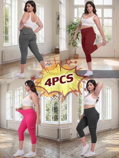 Women's High Waist Yoga Capri Pants 4-Pack 4-Way Stretch Butt Lifting Tummy Control 4 Pockets - Workout Running Sports Leggings S-XXL All Season