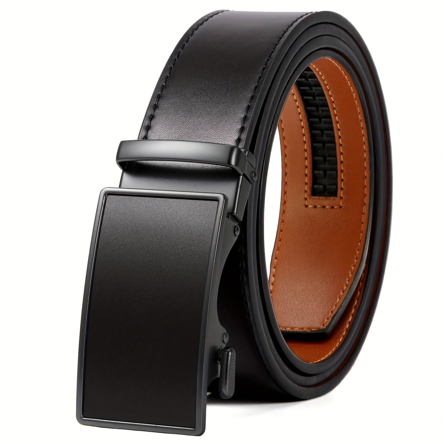 Men's Genuine Leather Ratchet Belt 35mm – Automatic Buckle No-Hole Adjustable Design with Gift Box, Sizes 28" to 52", Casual & Business Belt for Men in Navy Blue, Black, Brown