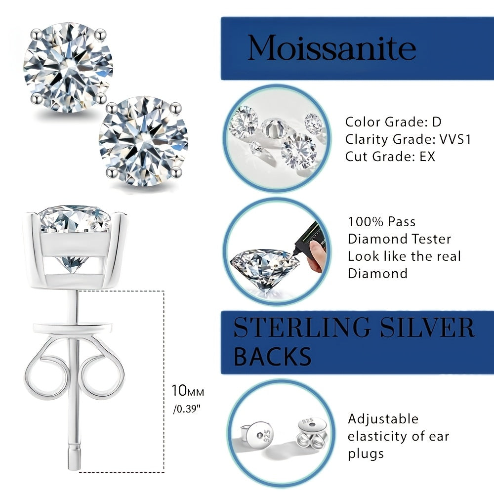 Lab Moissanite Stud Earrings D Color VVS1 Clarity – Brilliant Round Cut 18K Gold Plated 925 Sterling Silver, 1CT 2CT 4CT 6CT, Jewelry Box Included, Gift for Women Girls