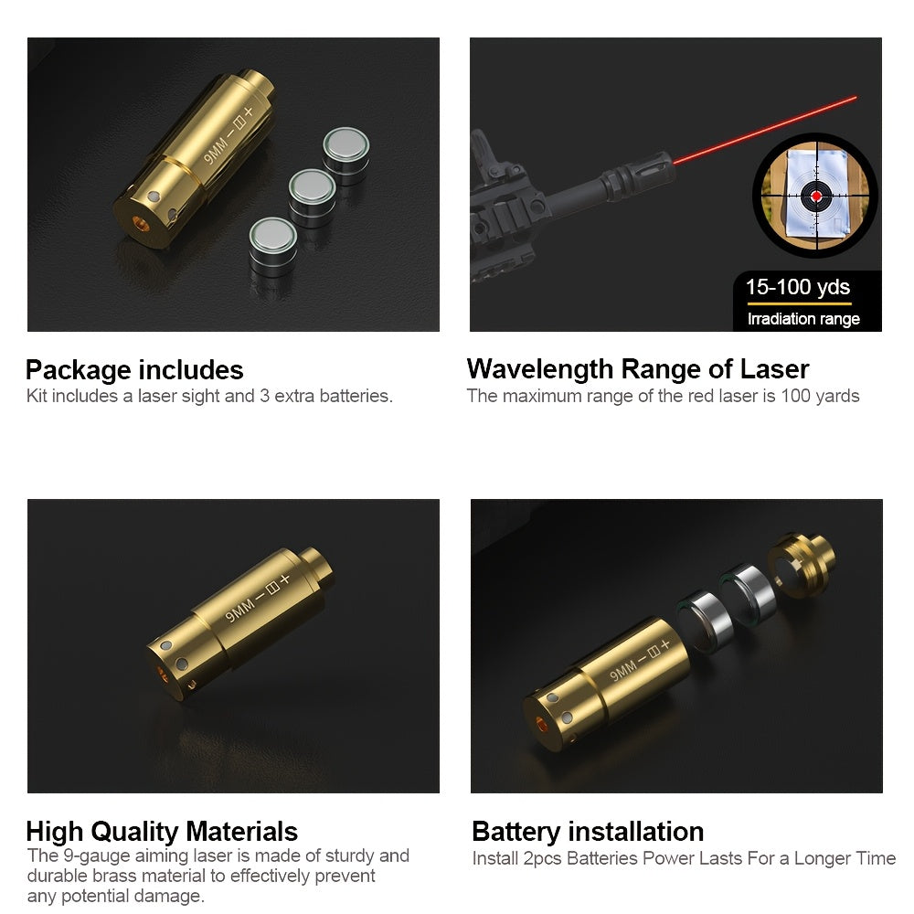Red Laser Bore Sighter Multi-Caliber Firearm Sight Alignment Tool for 9mm 223rem 308win 45ACP 7.62 40SW 30-06 38SPL 12GA 44Mag 6.5mm, Copper Alloy Barrel Mount, 3 Battery Sets Included – Rifle Pistol Shotgun Accessory
