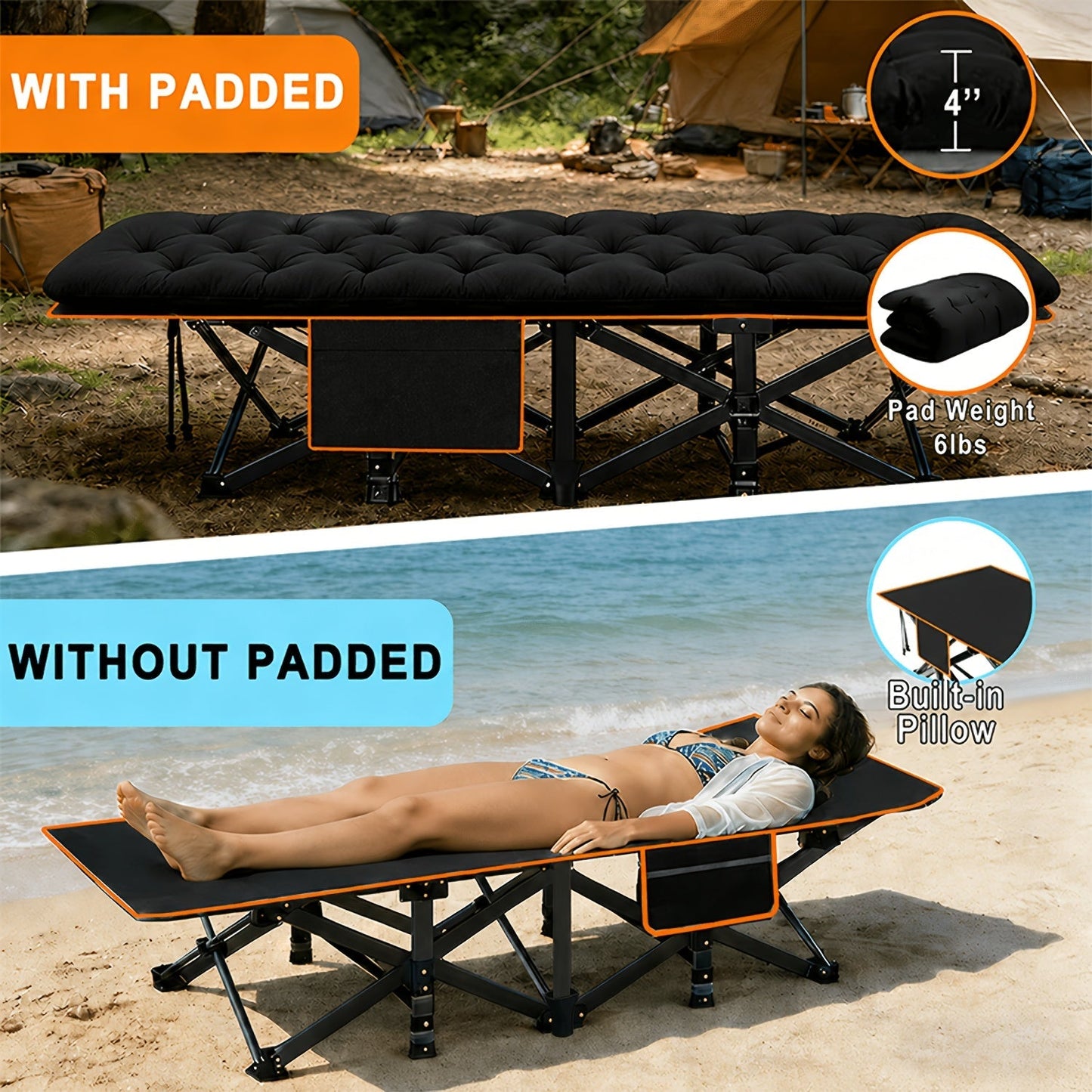 Heavy Duty Folding Bed with Optional Mattress up to 630 LBS – Portable Camping Cot with Multi-Leg Support, Side Pockets & Pillow, 59–77 Inch All Season Guest Napping Bed Space Saving