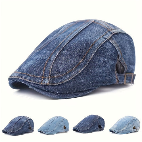 Washed Denim Beret Hat for Men & Women – Adjustable Vintage Newsboy Cap, Unisex Artist Hat for Spring & Summer – Perfect Match for Jeans & Casual Outfits