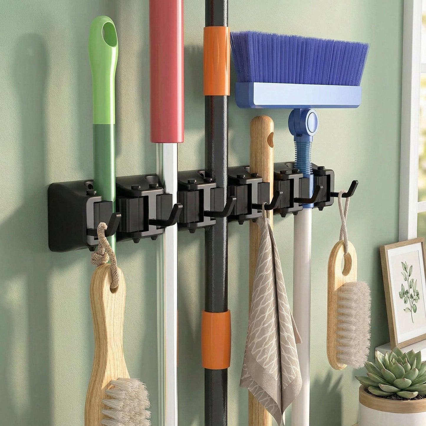 Wall-Mounted Mop and Broom Holder Organizer 5 Slots 6 Hooks Heavy-Duty Non-Slip Cleaning Tool Rack for Home Garage Kitchen Laundry Room Boat – Easy Install on Any Surface