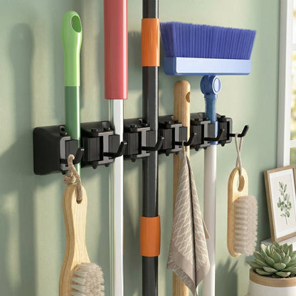 Wall-Mounted Mop and Broom Holder Organizer 5 Slots 6 Hooks Heavy-Duty Non-Slip Cleaning Tool Rack for Home Garage Kitchen Laundry Room Boat – Easy Install on Any Surface