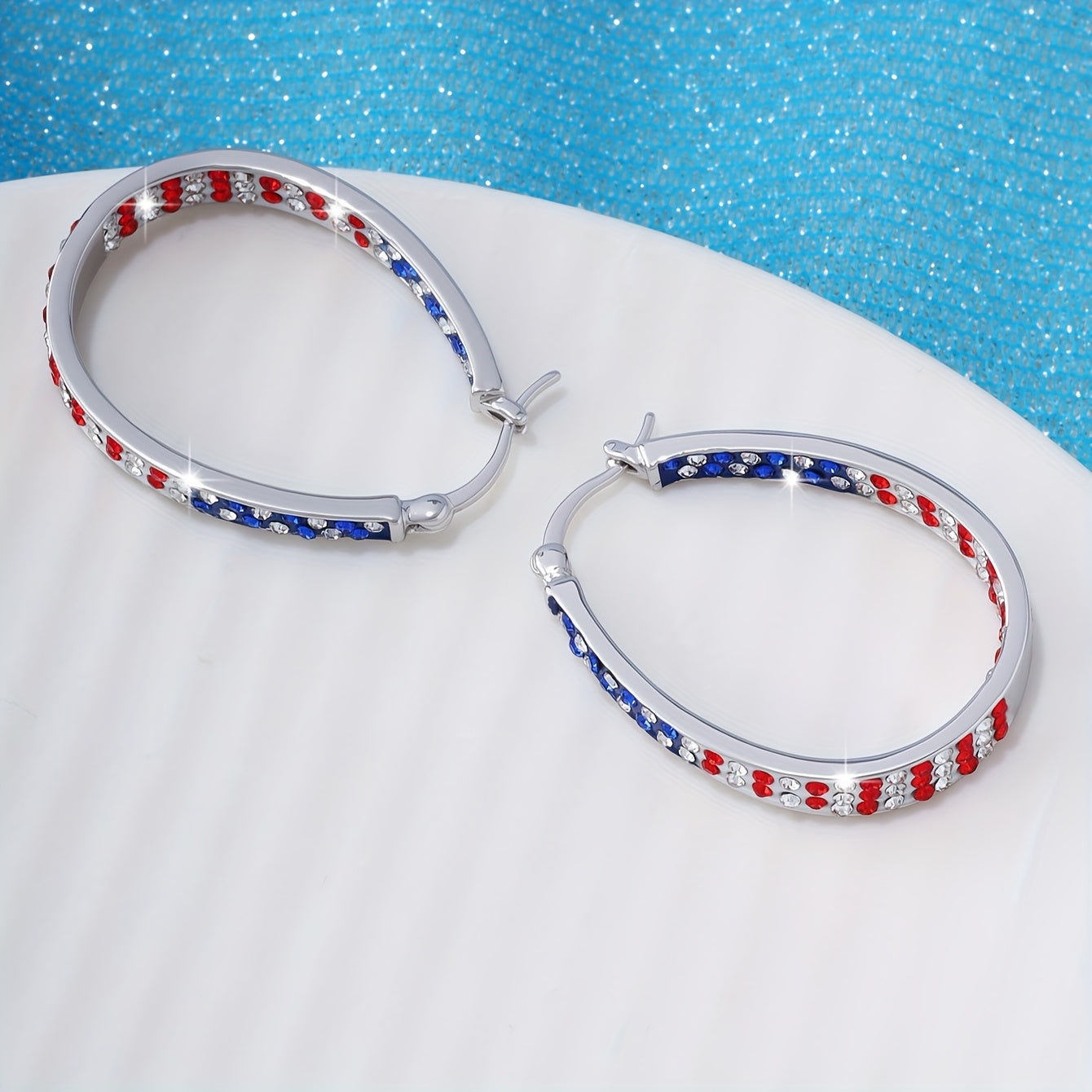 Bohemian Retro Hoop Earrings for Women – Colorful Star & Dot Design with Blue Red White Zircon Crystals, Lightweight Zinc Alloy, Chunky Statement Earrings for Festival, Vacation & Holiday Gift