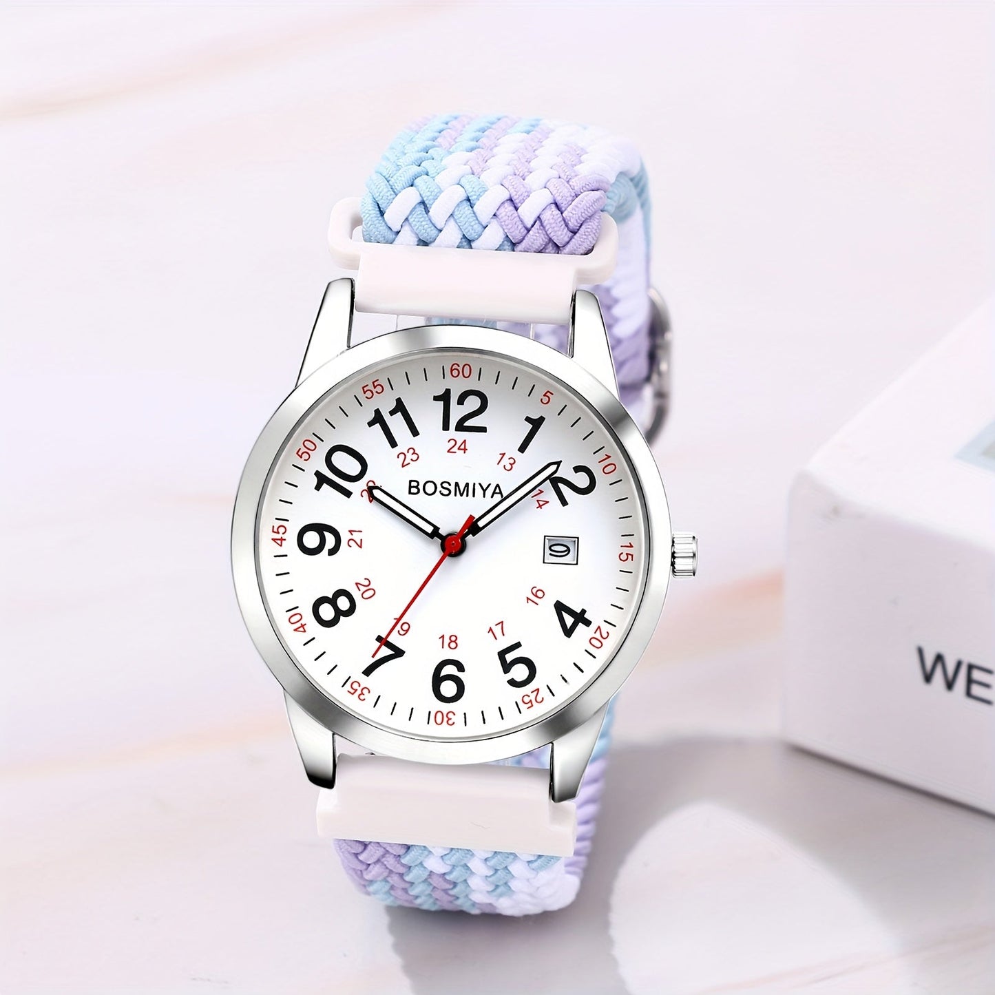 Analog Quartz Sports Watch with Large Calendar Dial & Braided Nylon Strap – Easy-Read 24-Hour Round Case Wristwatch for Men & Women, Flexible Adjustable Elastic Band, 4 Styles