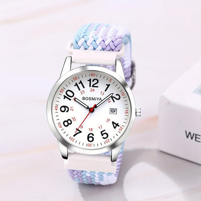 Analog Quartz Sports Watch with Large Calendar Dial & Braided Nylon Strap – Easy-Read 24-Hour Round Case Wristwatch for Men & Women, Flexible Adjustable Elastic Band, 4 Styles