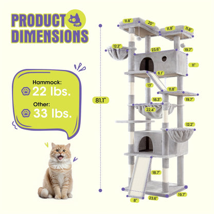 WEEWAY Corner Cat Tree Tower for Indoor Cats 36–81 Inch – Multi-Level Cat Furniture with Sisal Scratching Posts, Condo Cave, Hammock, Ramps, Plush Perches, Basket & Pompom Toys, Perfect Cat Gift