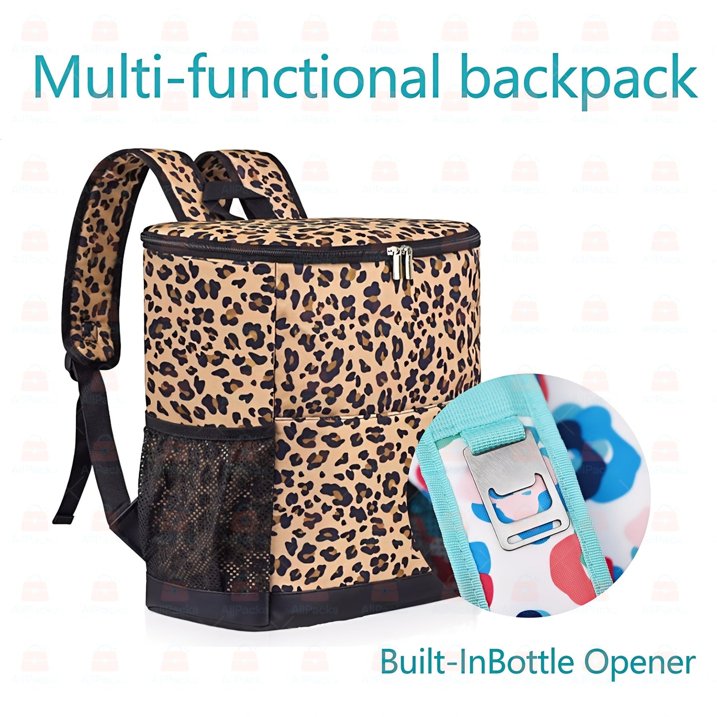 Insulated Cooler Backpack 30 Can Leopard Print with Mesh Pockets & Adjustable Straps - Leakproof Nylon Cooler Bag for Beach Camping Picnic Hiking Travel Daily Use