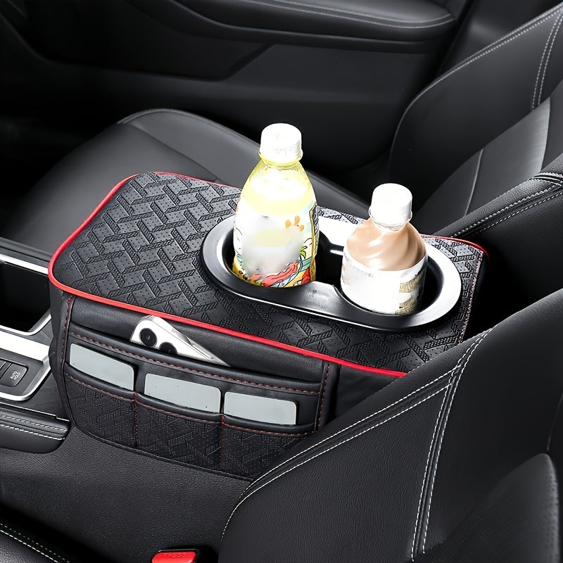 PU Leather Car Center Console Mat & Armrest Box Cover | Universal Fit, 2 Side Pockets, 2 Cup Holders, Phone & Card Storage, Tissue Box Replacement – Black, Grey, Red, Beige, Brown, Cream