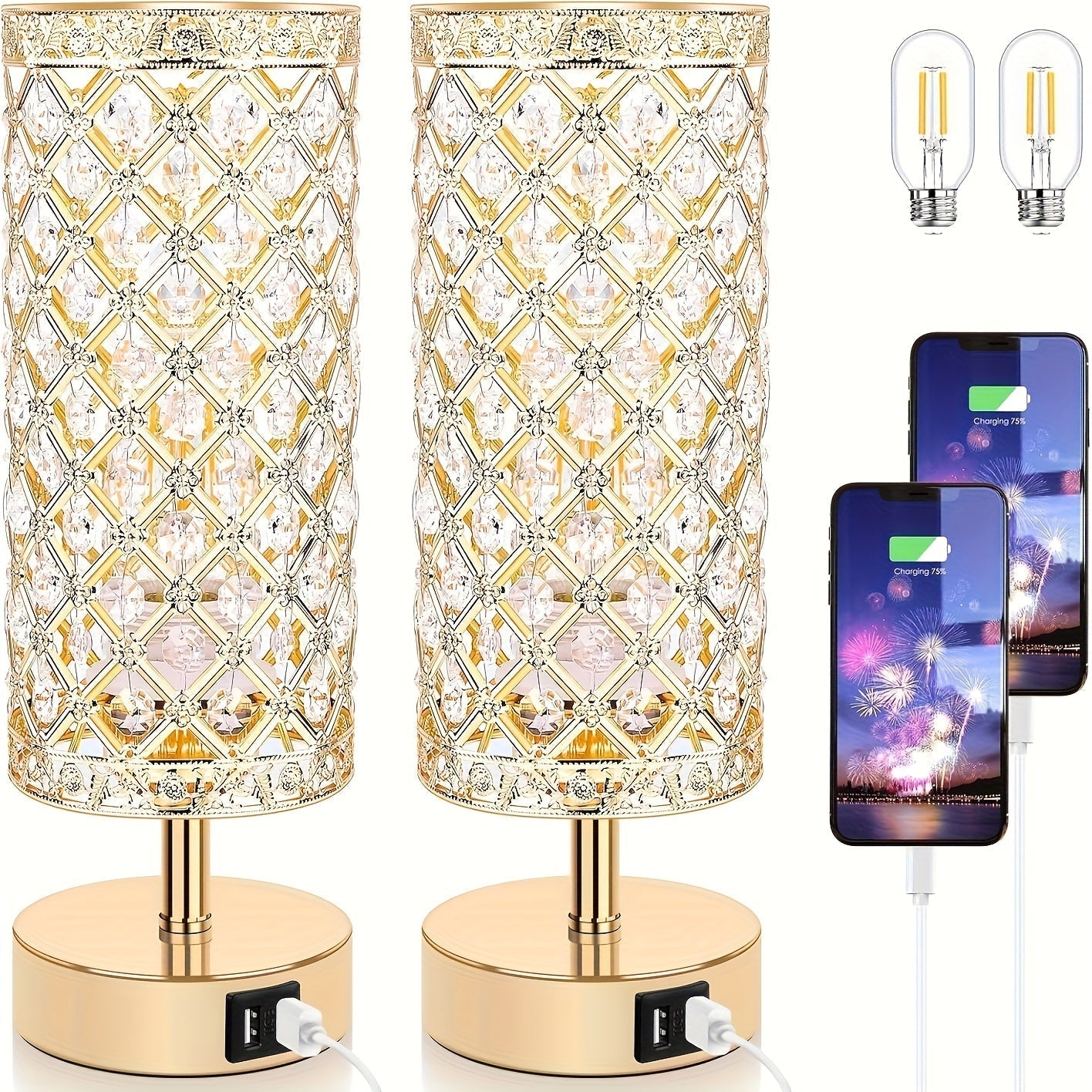 Crystal Touch Table Lamp 3-Way Dimmable with 2 USB Charging Ports LED Bulb Included Decorative Bedside Nightstand Light for Bedroom Living Room Office – Antique Bronze Rose Gold Silver