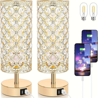 Crystal Touch Table Lamp 3-Way Dimmable with 2 USB Charging Ports LED Bulb Included Decorative Bedside Nightstand Light for Bedroom Living Room Office – Antique Bronze Rose Gold Silver