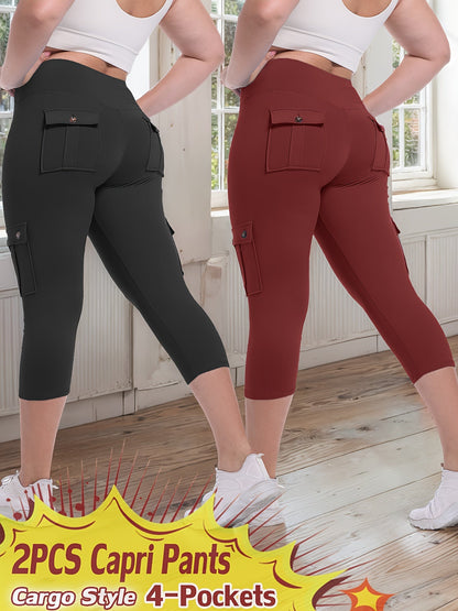 High Waist Yoga Capri Pants 2-Pack – Butt Lifting Tummy Control 4-Way Stretch Spandex Leggings with 4 Pockets, Three-Quarter Athletic Activewear for Women, 9 Color Sets, Sizes S-XXL