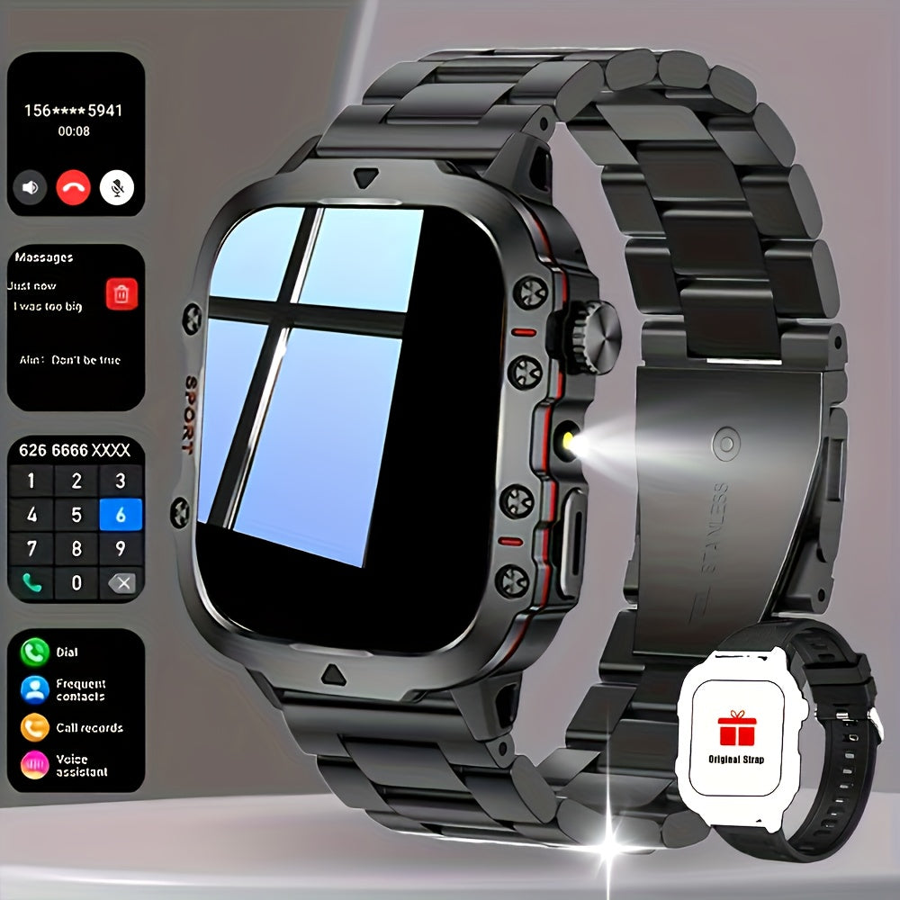 Men's Outdoor Smart Watch 1.81 Inch HD Touchscreen Wireless Calling LED Multiple Sports Modes USB Charging Fitness Tracker Compatible with Android iPhone Silicone Stainless Steel Band Black Gold