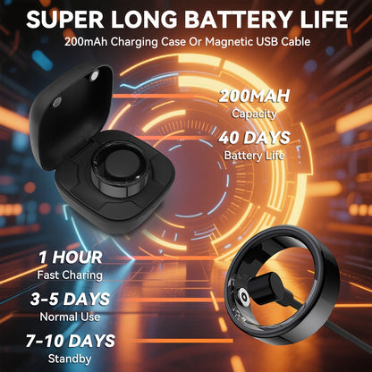 Smart Ring with Charging Case for Men & Women – Health Fitness Tracker, Sleep Tracker, Step Counter, Distance Monitor, Compatible with iPhone & Android, Sizes 7-13, Black, Silver & Gold