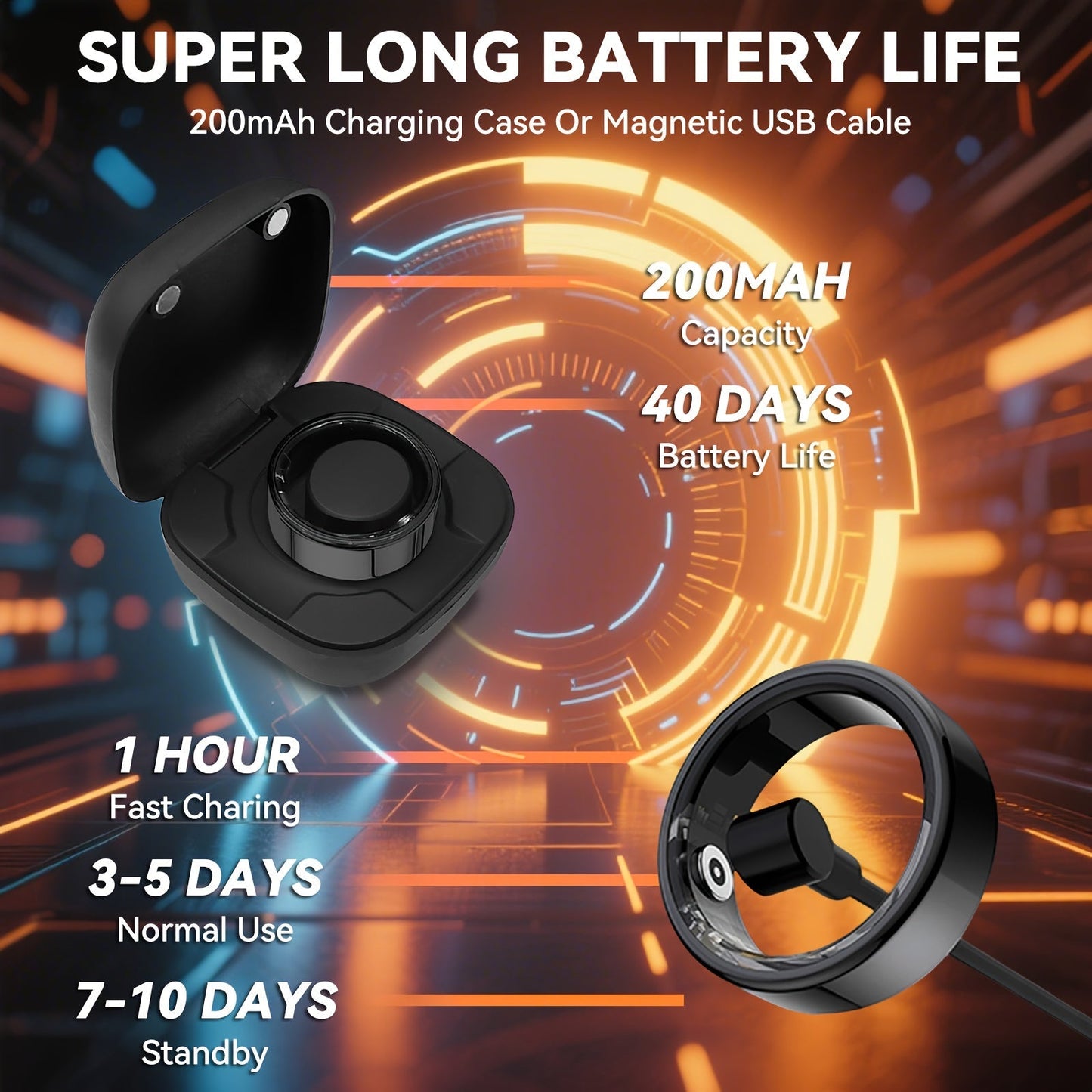 Smart Ring with Charging Case for Men & Women – Health Fitness Tracker, Sleep Tracker, Step Counter, Distance Monitor, Compatible with iPhone & Android, Sizes 7-13, Black, Silver & Gold