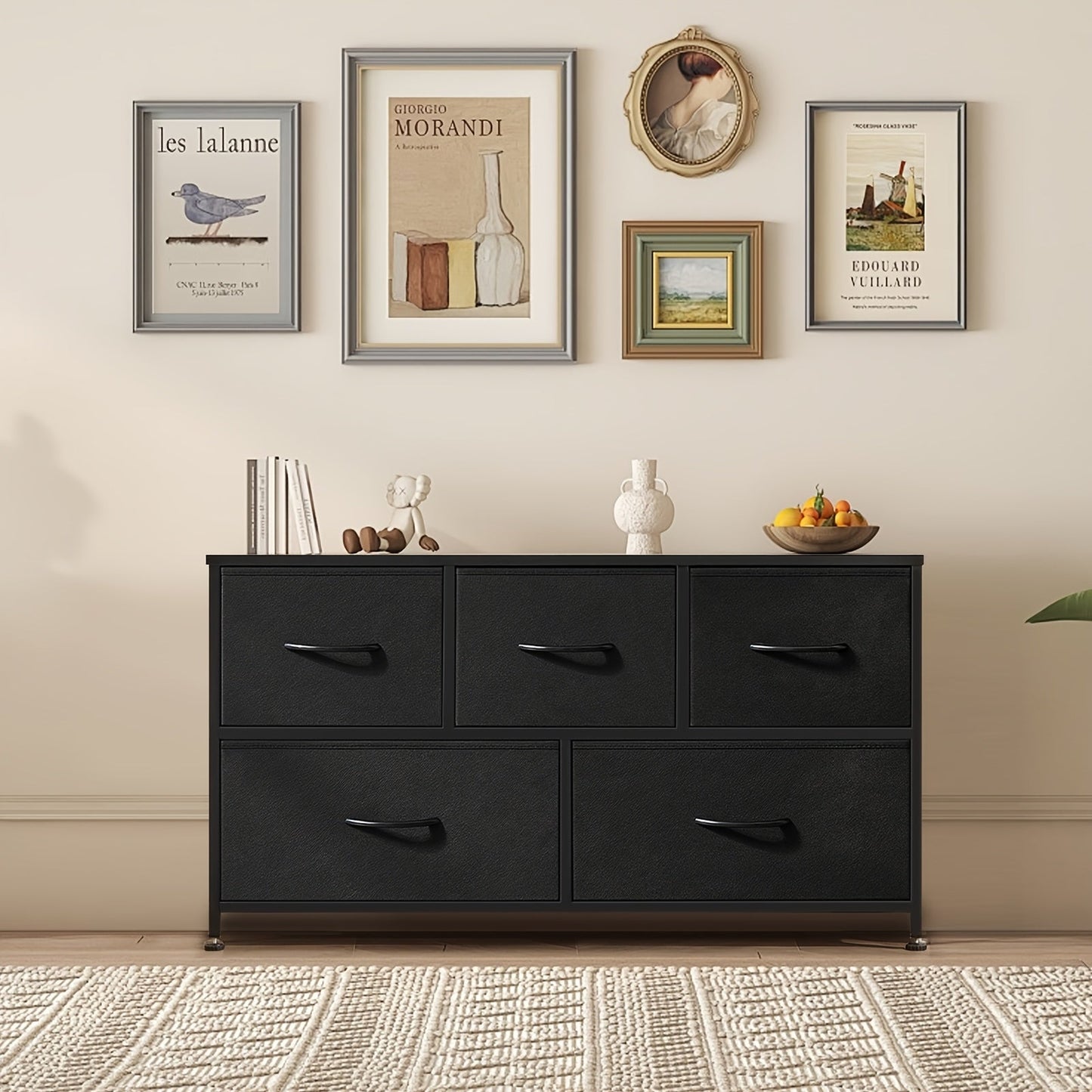 5-Drawer Lateral File Cabinet with Metal Frame & Wooden Top – Industrial Office Storage Organizer, 3 Upper + 2 Lower Drawers, Open Storage, Fits TV up to 45” – Black & Grey