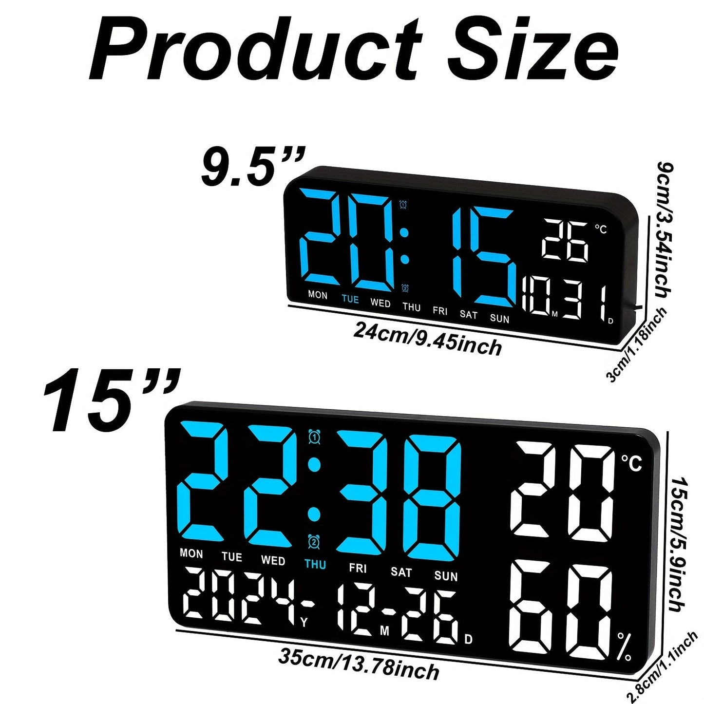 Large Screen LED Alarm Clock 15 Inch Auto-Dimming with Remote Control | Digital Clock Time Date Week Temperature Humidity Timer | Bedroom Bedside Senior-Friendly Living Room Office Desk