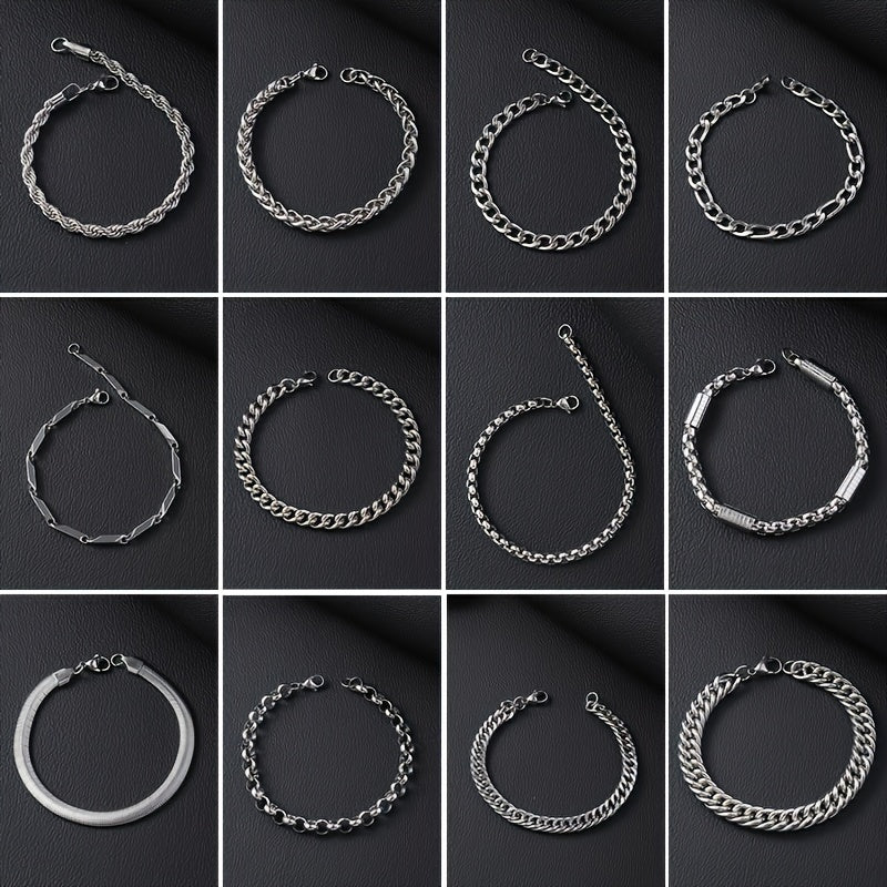 12pcs Men's Hip Hop Stainless Steel Cuban Chain Bracelet Set - Curb Link Wristband for Daily Wear, Party, Festival, Rave & Gift