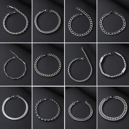 12pcs Men's Hip Hop Stainless Steel Cuban Chain Bracelet Set - Curb Link Wristband for Daily Wear, Party, Festival, Rave & Gift