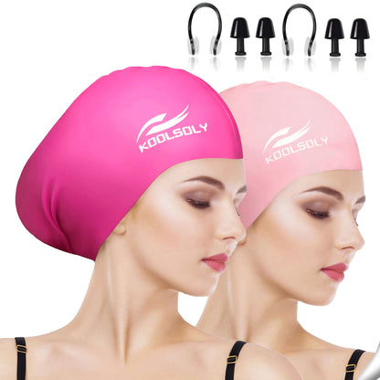 Silicone Swimming Cap 2 Pack with Ear Protection for Long Hair – Includes Earplugs & Nose Clip, Waterproof Swim Cap Set, 11 Color Options for Women Men Adults