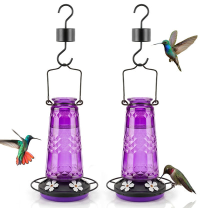 Glass Hummingbird Feeder for Outdoors Hanging – 24 Oz Nectar Feeder with 6 Feeding Ports, Ant Moat & Leak-Proof Design, 1 or 2 Pack, Red, Blue & Purple, Garden Patio Gift for Bird Lovers