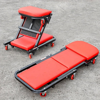 Foldable 2-in-1 Mechanic Creeper & Rolling Seat 300LB | 36 Inch Z-Crawler with 6 Swivel Wheels, Adjustable Headrest, Folding Car Repair Creeper for Garage Workshop – Black & Red