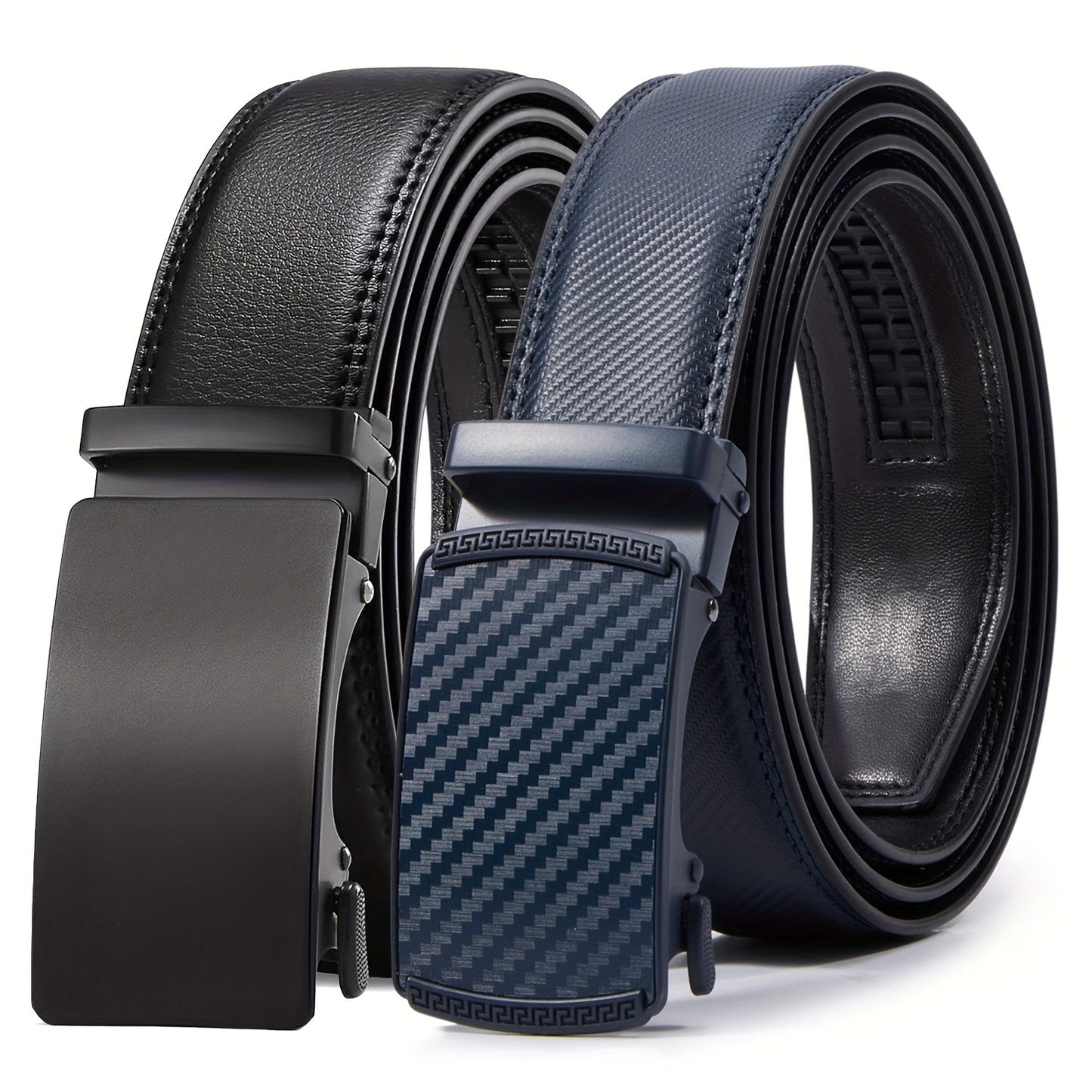 Men's Ratchet Belt 2 Pack Leather – Trim-to-Fit Adjustable Dress and Casual Belt for Men Waist 28" to 52" Black Brown Tan Navy Blue Gift